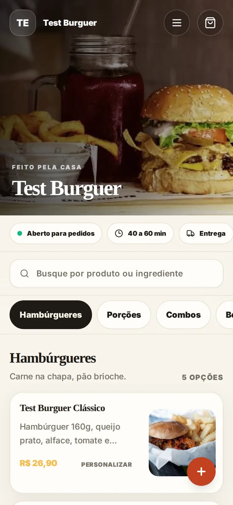 Cardápio do Test Burguer aberto no celular, com foto do hambúrguer, a busca por prato e a lista de hambúrgueres com preço