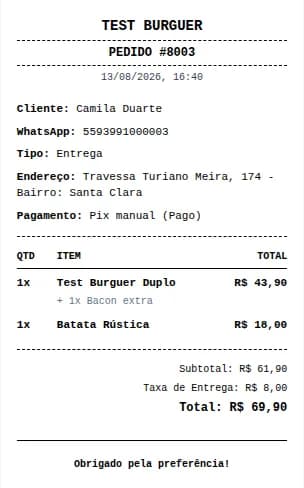 Comanda impressa do pedido 8003 do Test Burguer, com hambúrguer duplo, bacon extra, batata rústica, taxa de entrega e total de R$ 69,90