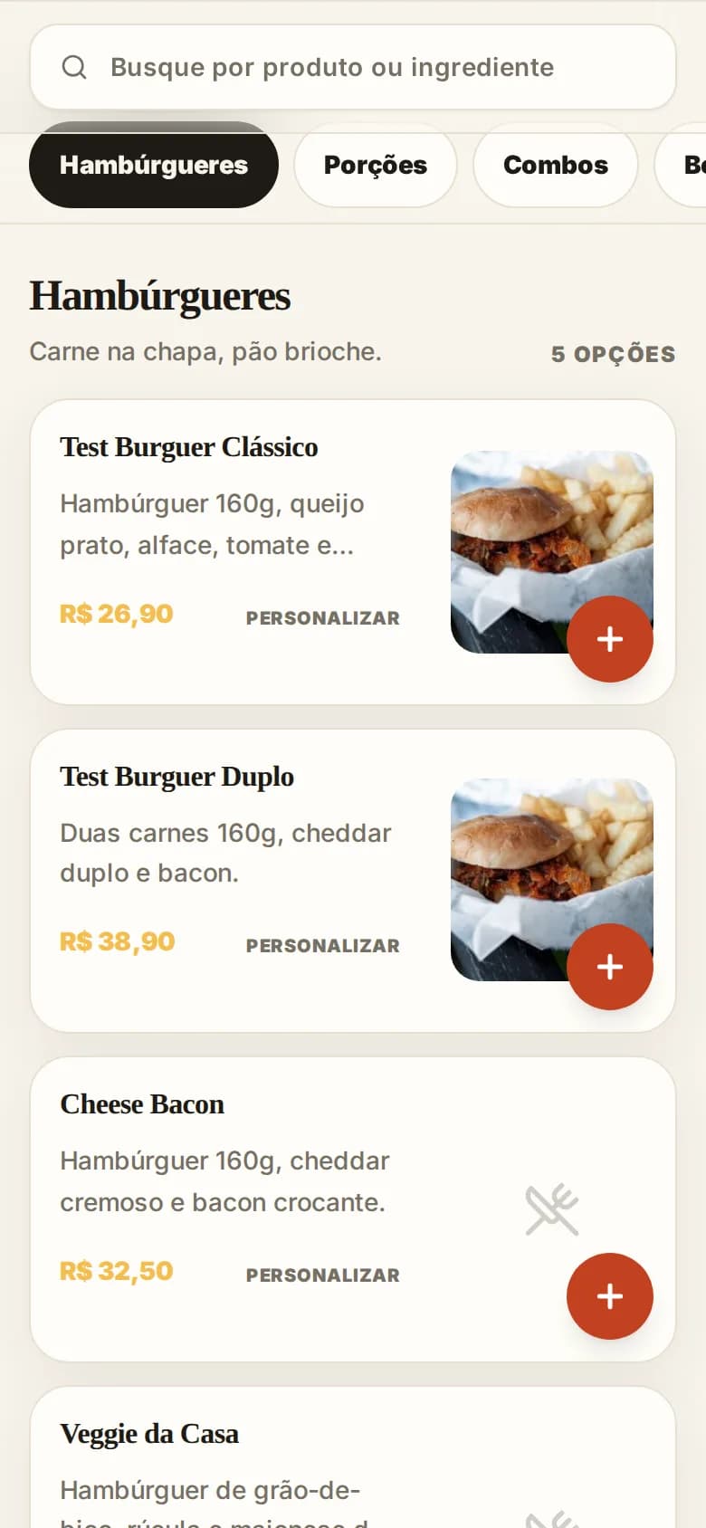 Lista de hambúrgueres no tema editorial: fundo creme, títulos em serifa, botão de adicionar em vermelho