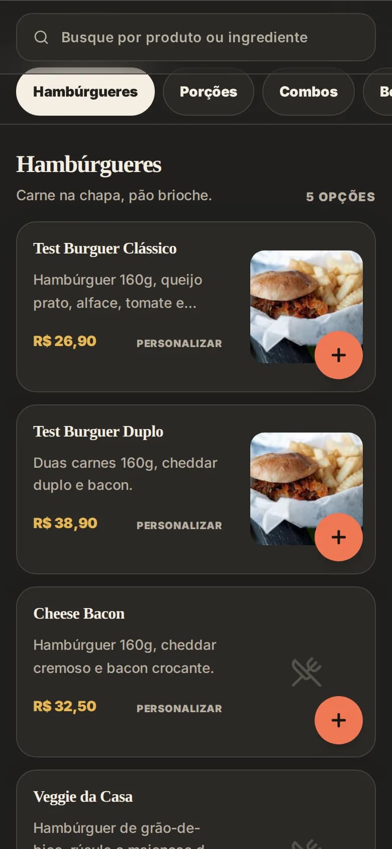 A mesma lista no tema noturno: fundo escuro, cards em cinza-chumbo e preço em amarelo